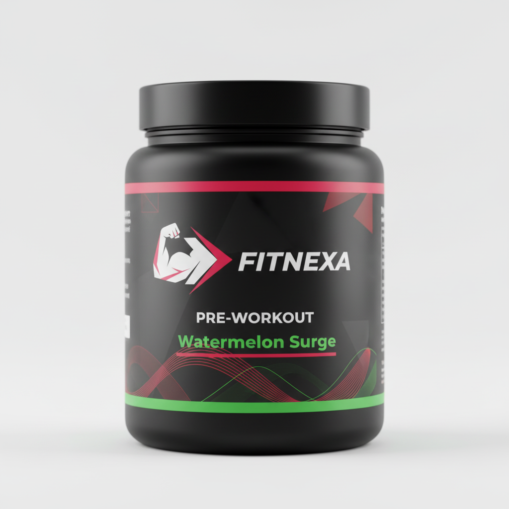 FITNEXA Watermelon Surge Pre-Workout – Close-Up Logo & Label