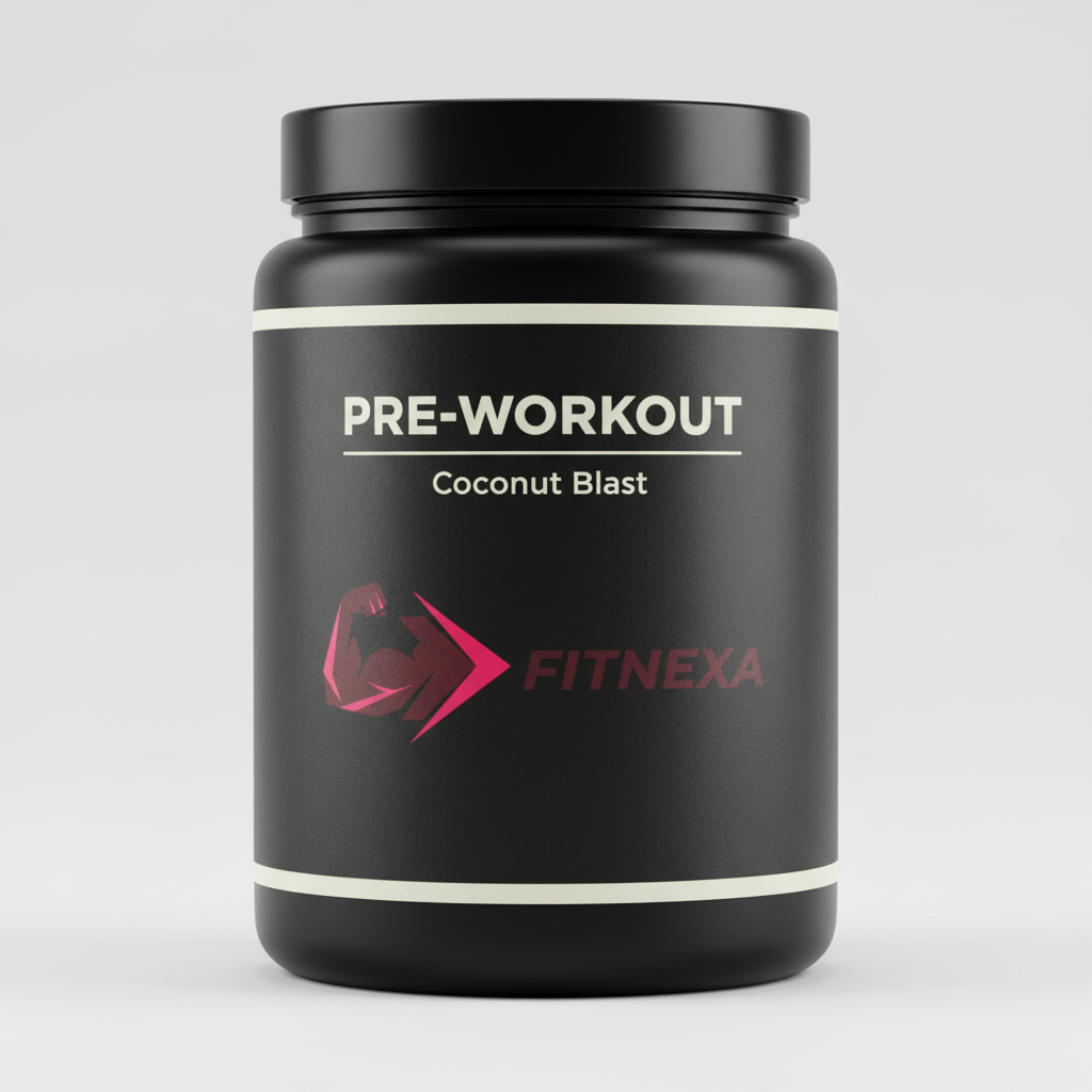 FITNEXA PRE-WORKOUT Coconut Blast – Close-up Logo and Label